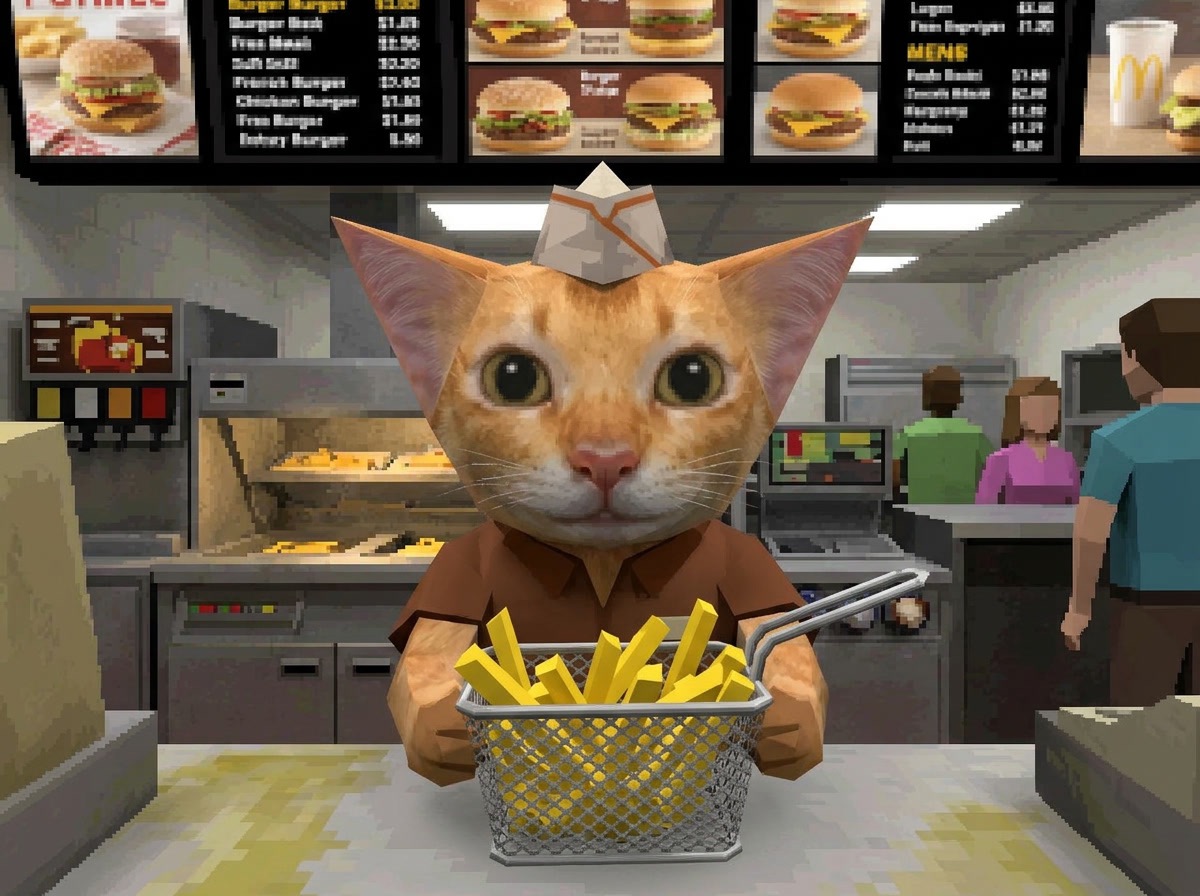 LOW POLY CAT: cat working fast food